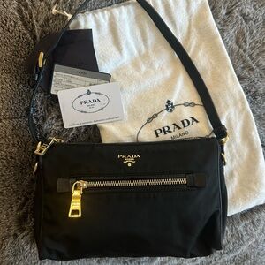 Prada Tessuto Nylon Shoulder Bag Black Saffiano Trim Gold Hardware Front Pocket